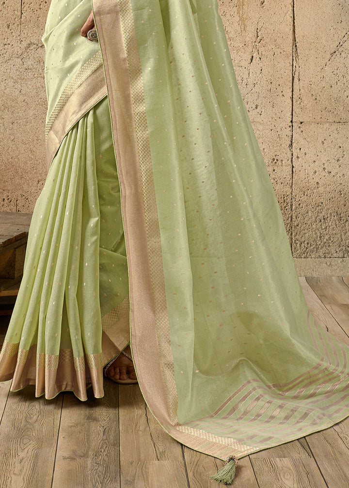 Pastel Green Tissue Linen Saree with Luminous Metallic Sheen