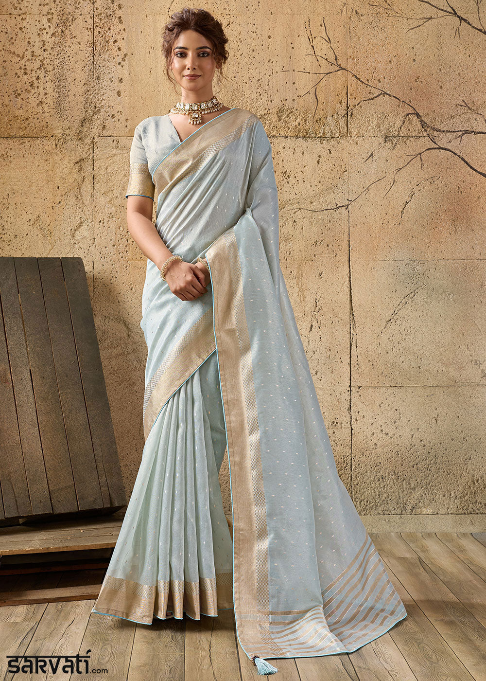Misty Blue Tissue Linen Saree with Luminous Metallic Sheen
