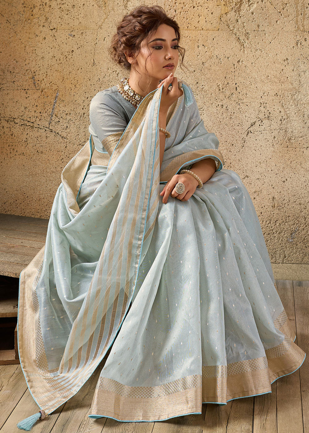 Misty Blue Tissue Linen Saree with Luminous Metallic Sheen