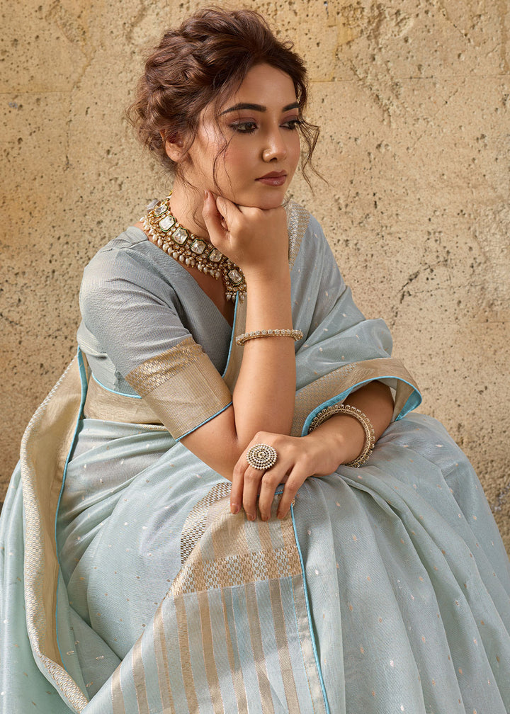 Misty Blue Tissue Linen Saree with Luminous Metallic Sheen