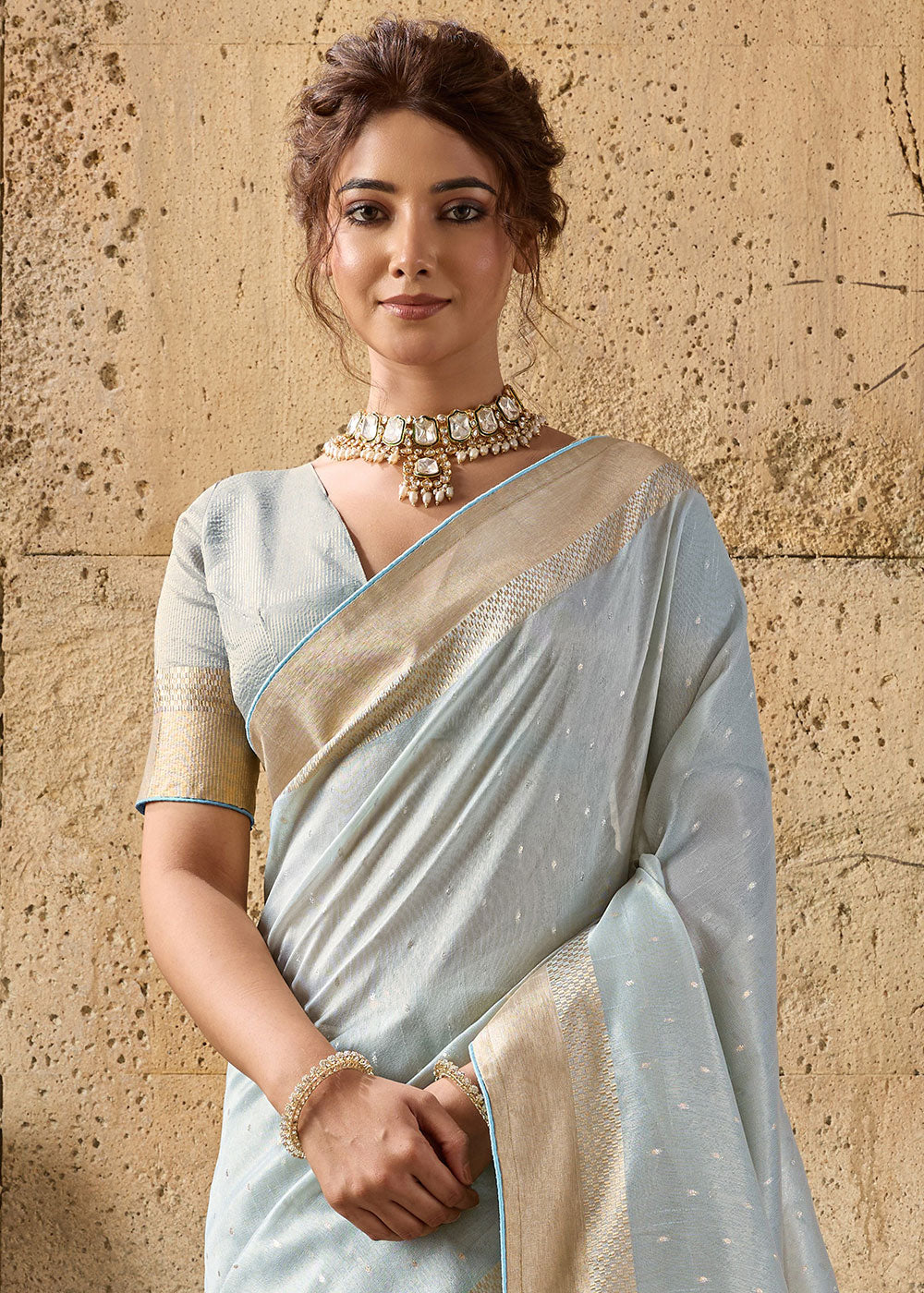 Misty Blue Tissue Linen Saree with Luminous Metallic Sheen