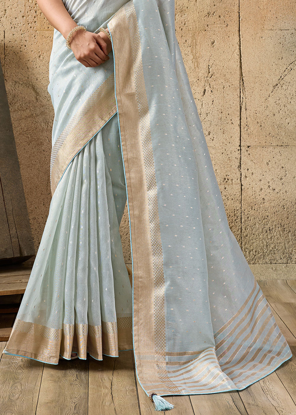 Misty Blue Tissue Linen Saree with Luminous Metallic Sheen
