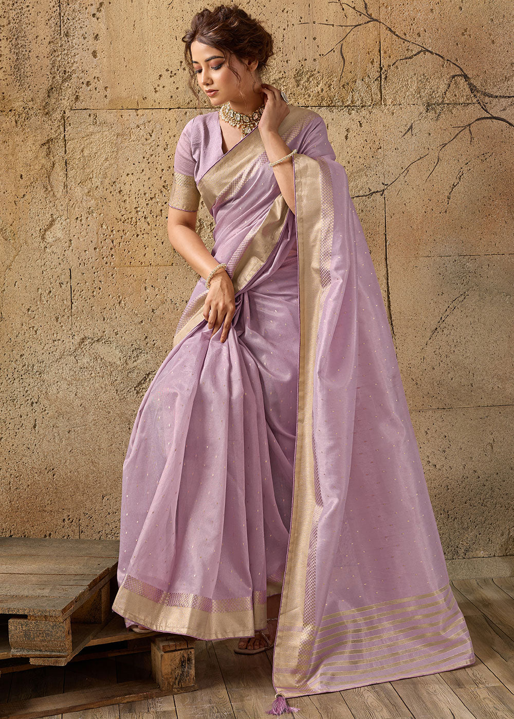 Light Purple Tissue Linen Saree with Luminous Metallic Sheen