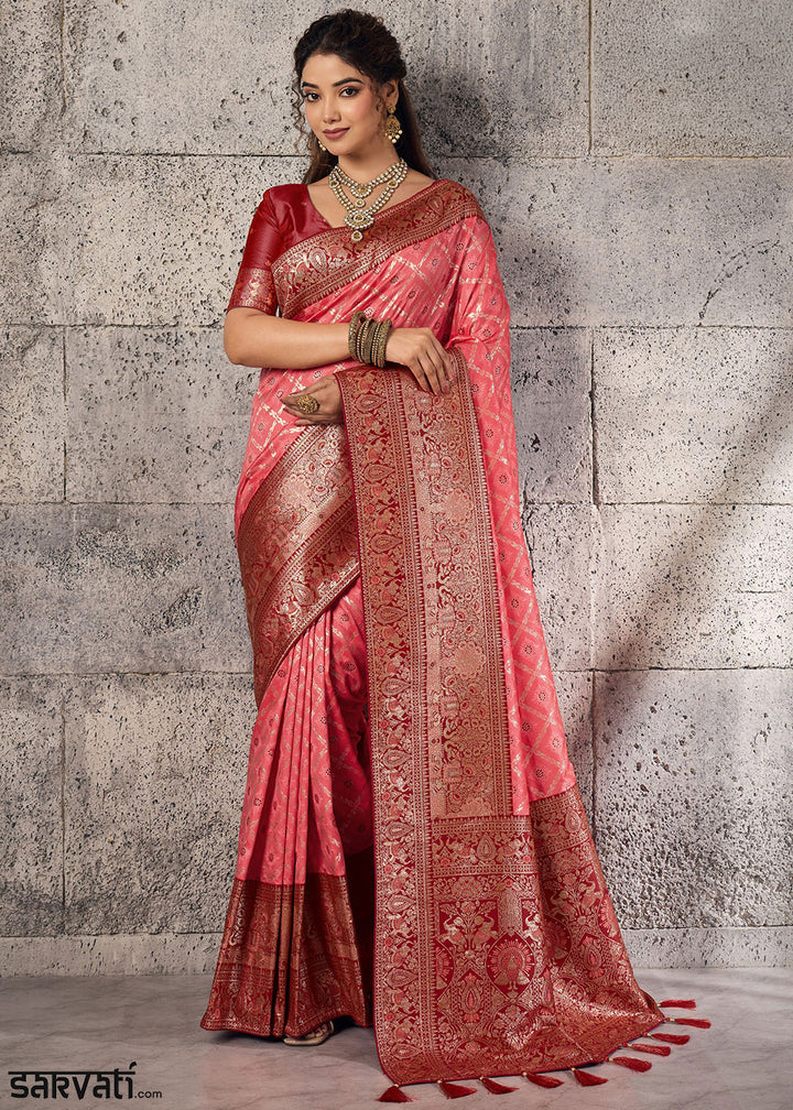Rose Pink Banarasi Silk Saree with Meenakari &amp; Dual Zari Weave
