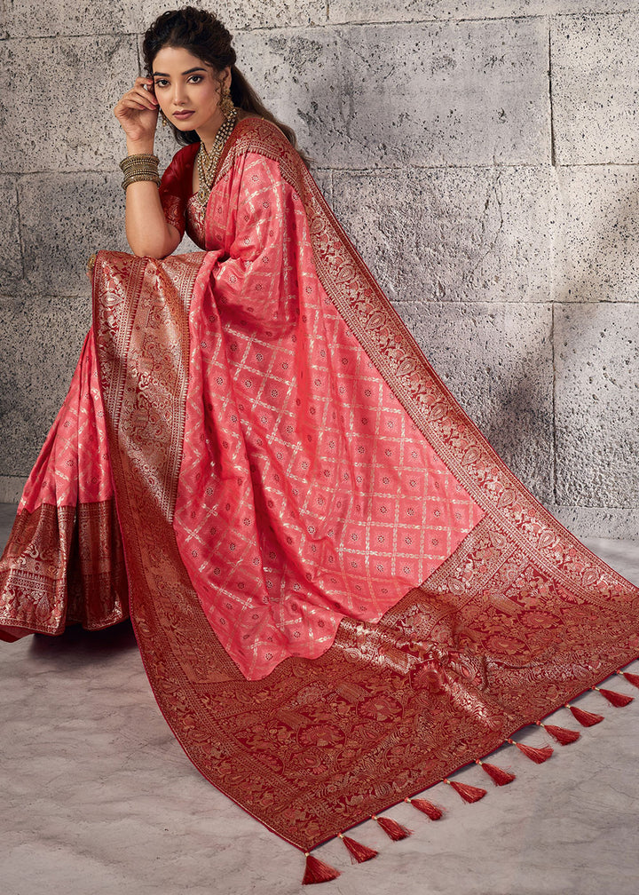 Rose Pink Banarasi Silk Saree with Meenakari &amp; Dual Zari Weave