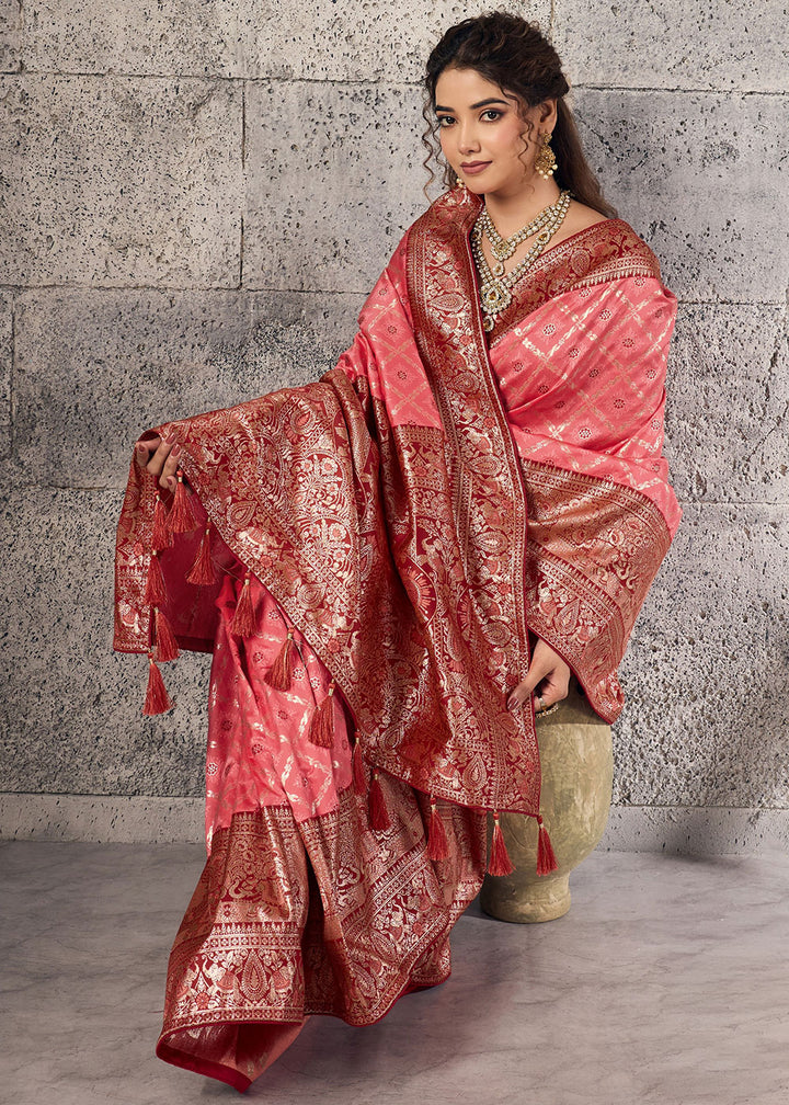 Rose Pink Banarasi Silk Saree with Meenakari &amp; Dual Zari Weave