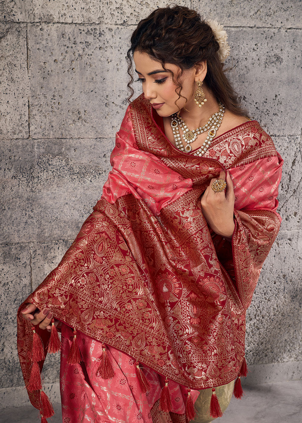 Rose Pink Banarasi Silk Saree with Meenakari &amp; Dual Zari Weave