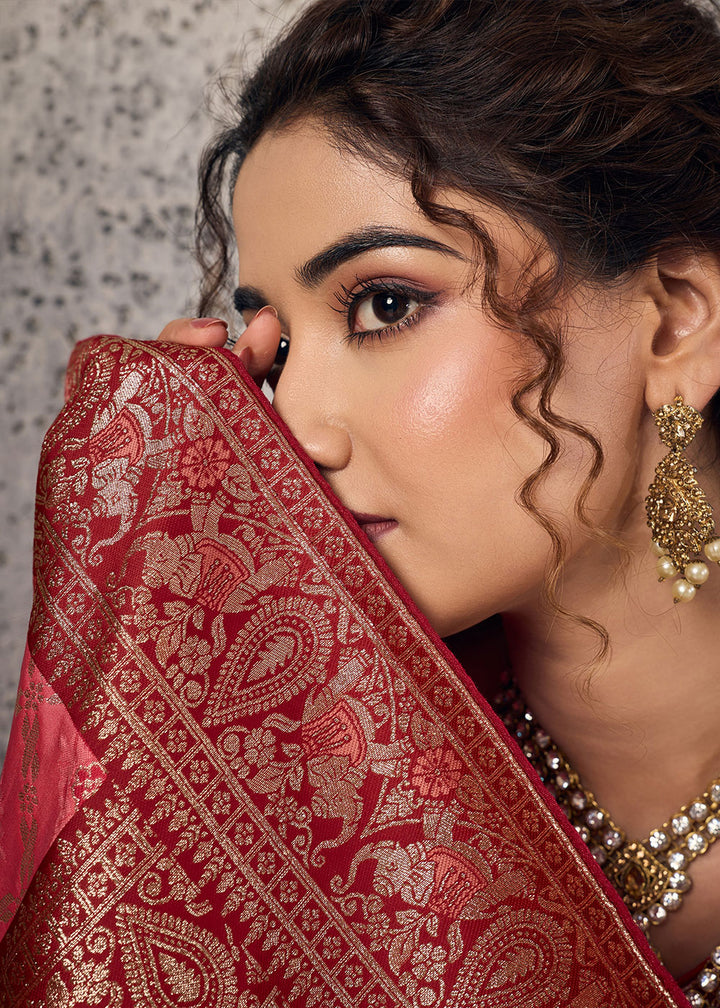 Rose Pink Banarasi Silk Saree with Meenakari &amp; Dual Zari Weave