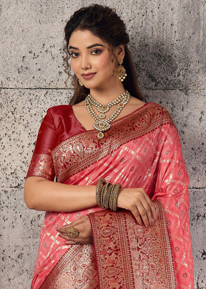 Rose Pink Banarasi Silk Saree with Meenakari &amp; Dual Zari Weave
