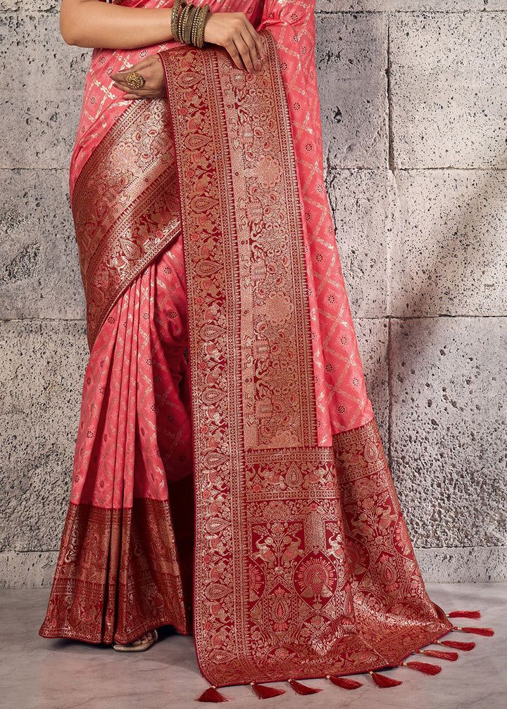 Rose Pink Banarasi Silk Saree with Meenakari &amp; Dual Zari Weave