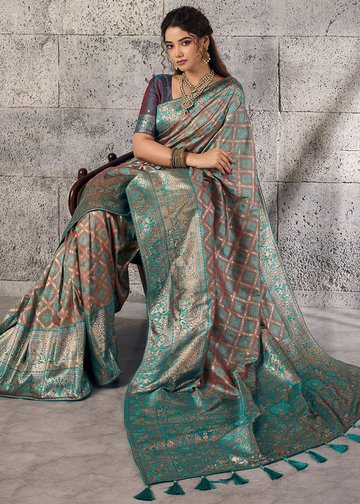 Caramel Brown Banarasi Silk Saree with Meenakari &amp; Dual Zari Weave