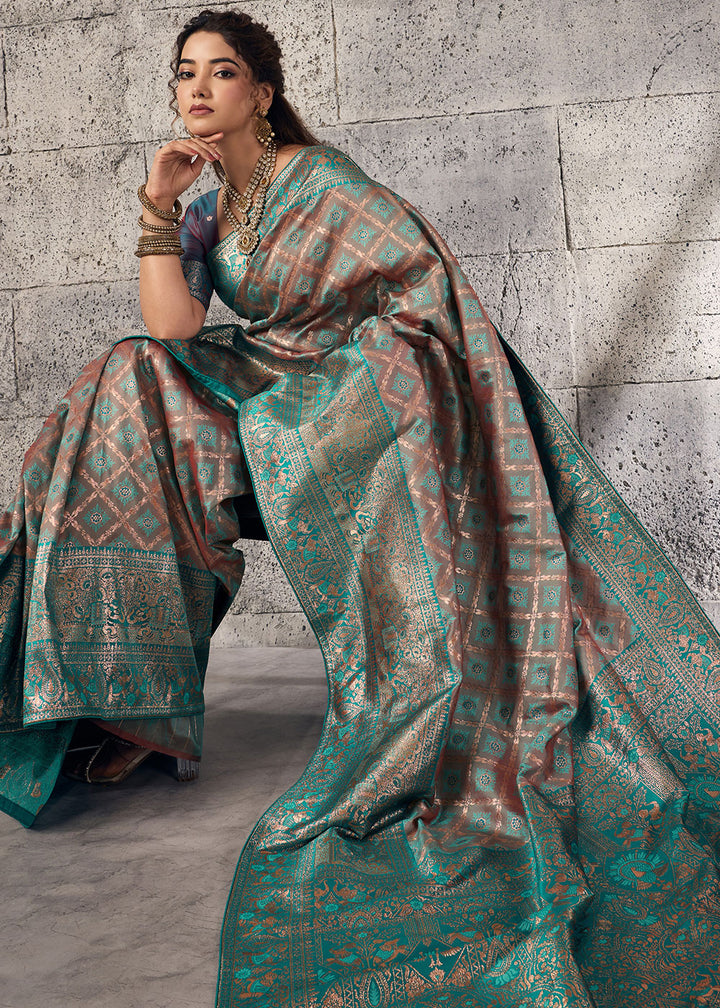 Caramel Brown Banarasi Silk Saree with Meenakari &amp; Dual Zari Weave