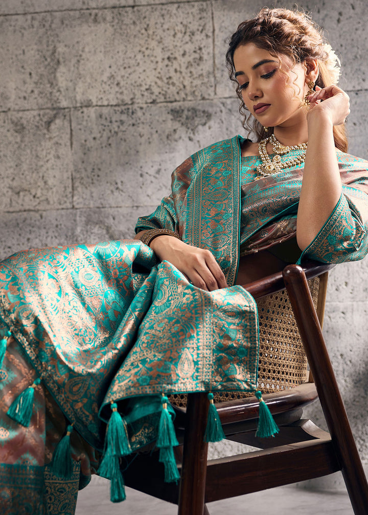 Caramel Brown Banarasi Silk Saree with Meenakari &amp; Dual Zari Weave