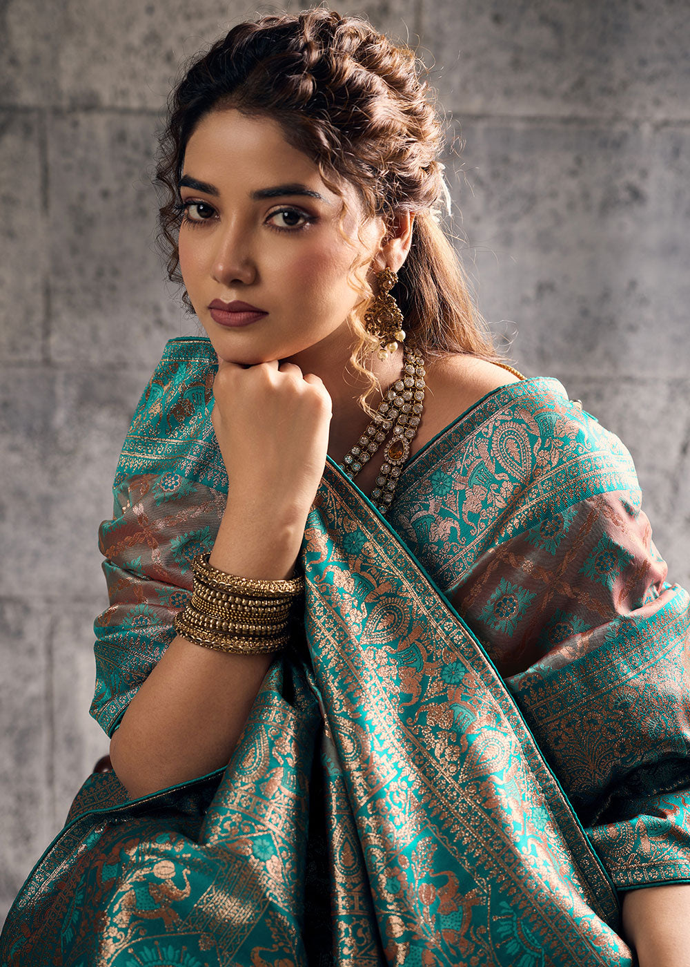 Caramel Brown Banarasi Silk Saree with Meenakari &amp; Dual Zari Weave