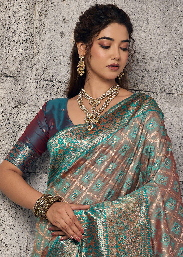 Caramel Brown Banarasi Silk Saree with Meenakari &amp; Dual Zari Weave