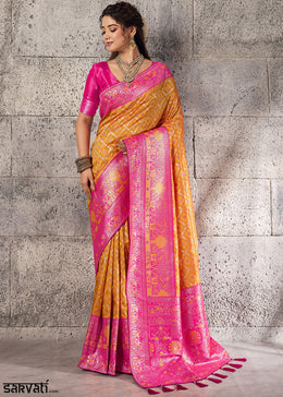 Tangerine Orange Banarasi Silk Saree with Meenakari & Dual Zari Weave