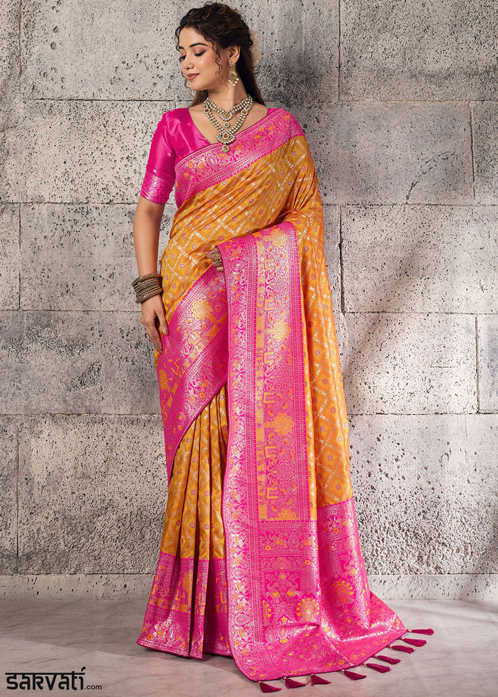 Tangerine Orange Banarasi Silk Saree with Meenakari &amp; Dual Zari Weave