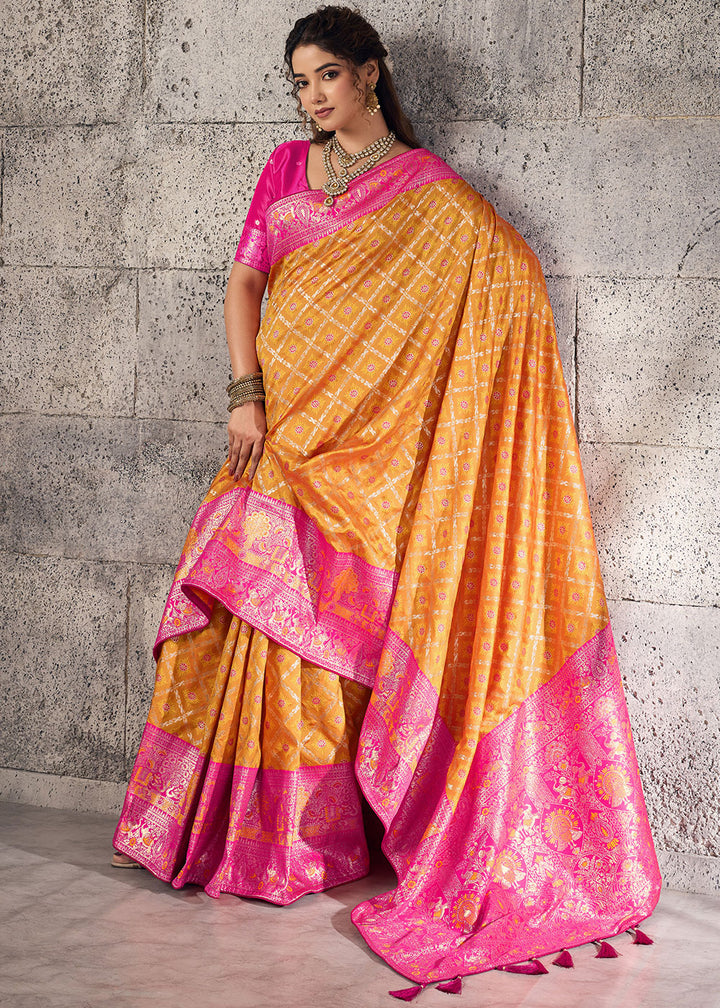 Tangerine Orange Banarasi Silk Saree with Meenakari &amp; Dual Zari Weave