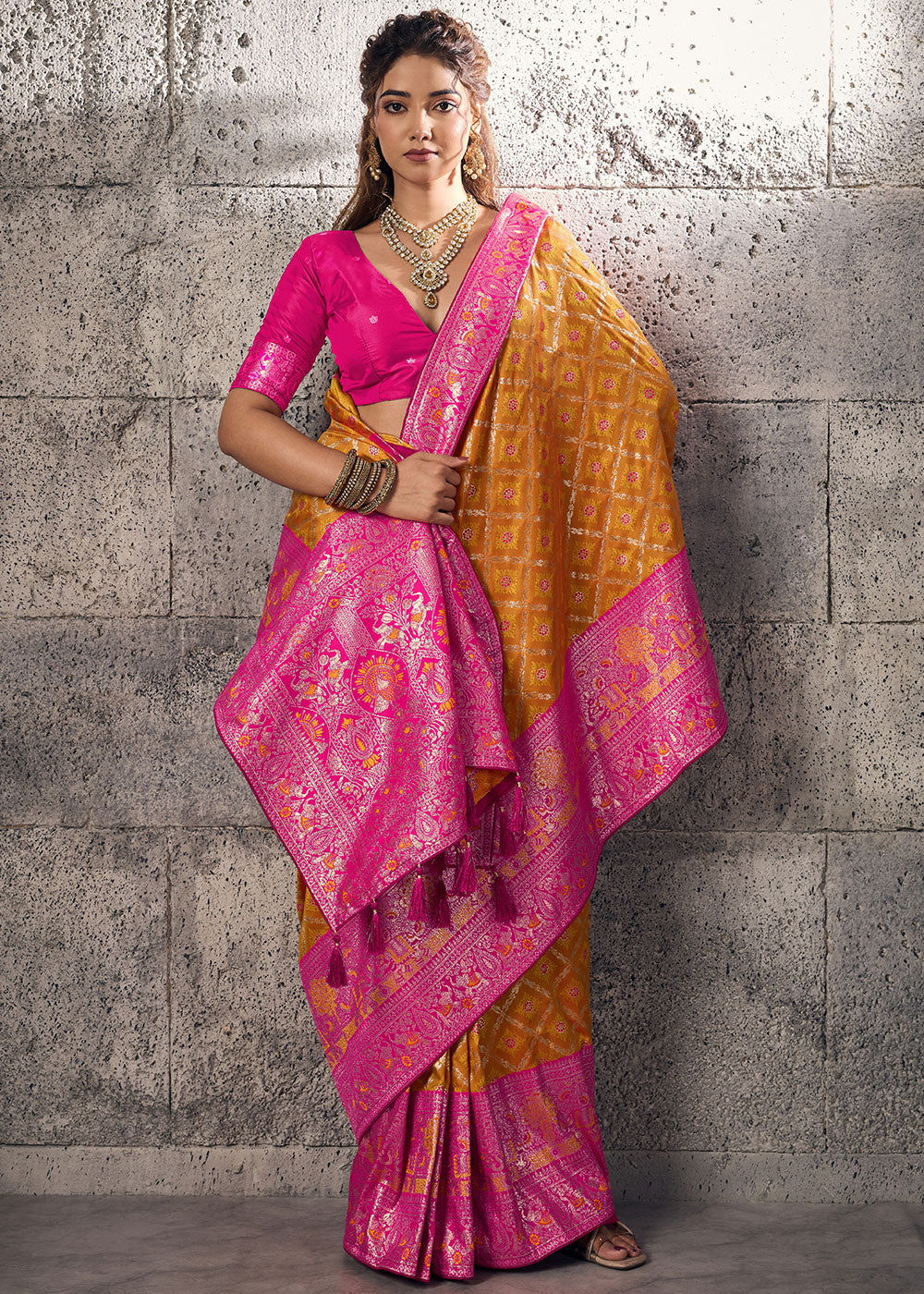 Tangerine Orange Banarasi Silk Saree with Meenakari &amp; Dual Zari Weave