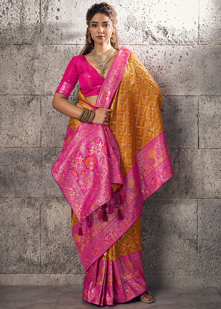 Tangerine Orange Banarasi Silk Saree with Meenakari &amp; Dual Zari Weave