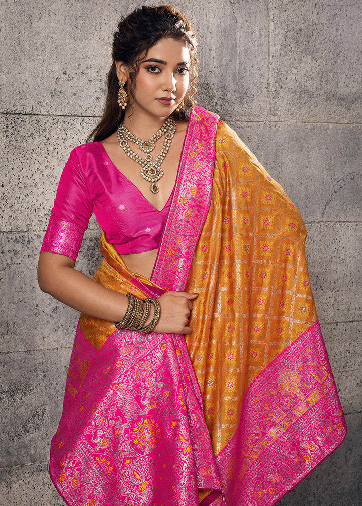 Tangerine Orange Banarasi Silk Saree with Meenakari &amp; Dual Zari Weave