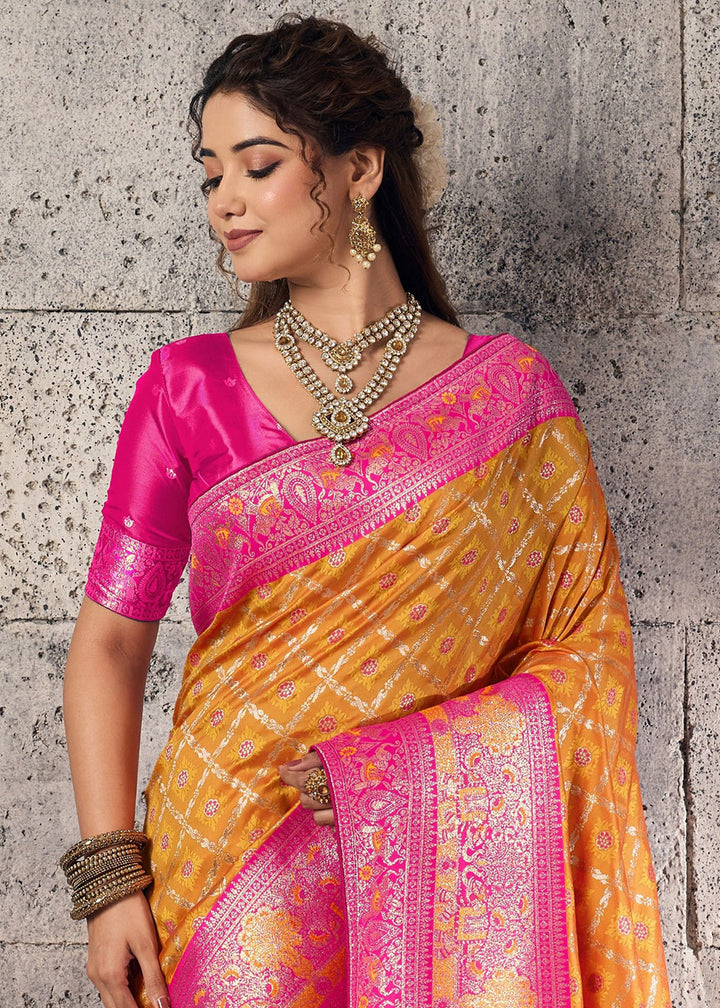 Tangerine Orange Banarasi Silk Saree with Meenakari &amp; Dual Zari Weave