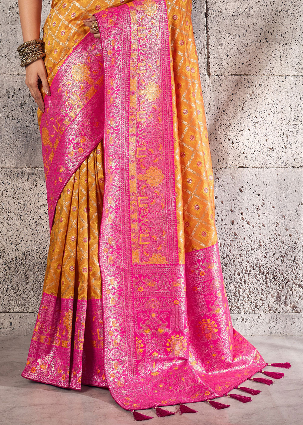 Tangerine Orange Banarasi Silk Saree with Meenakari &amp; Dual Zari Weave