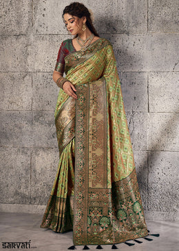 Olive Green Banarasi Silk Saree with Meenakari & Dual Zari Weave