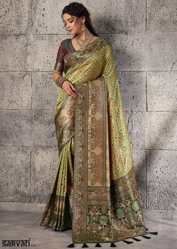 Olive Green Banarasi Silk Saree with Meenakari &amp; Dual Zari Weave