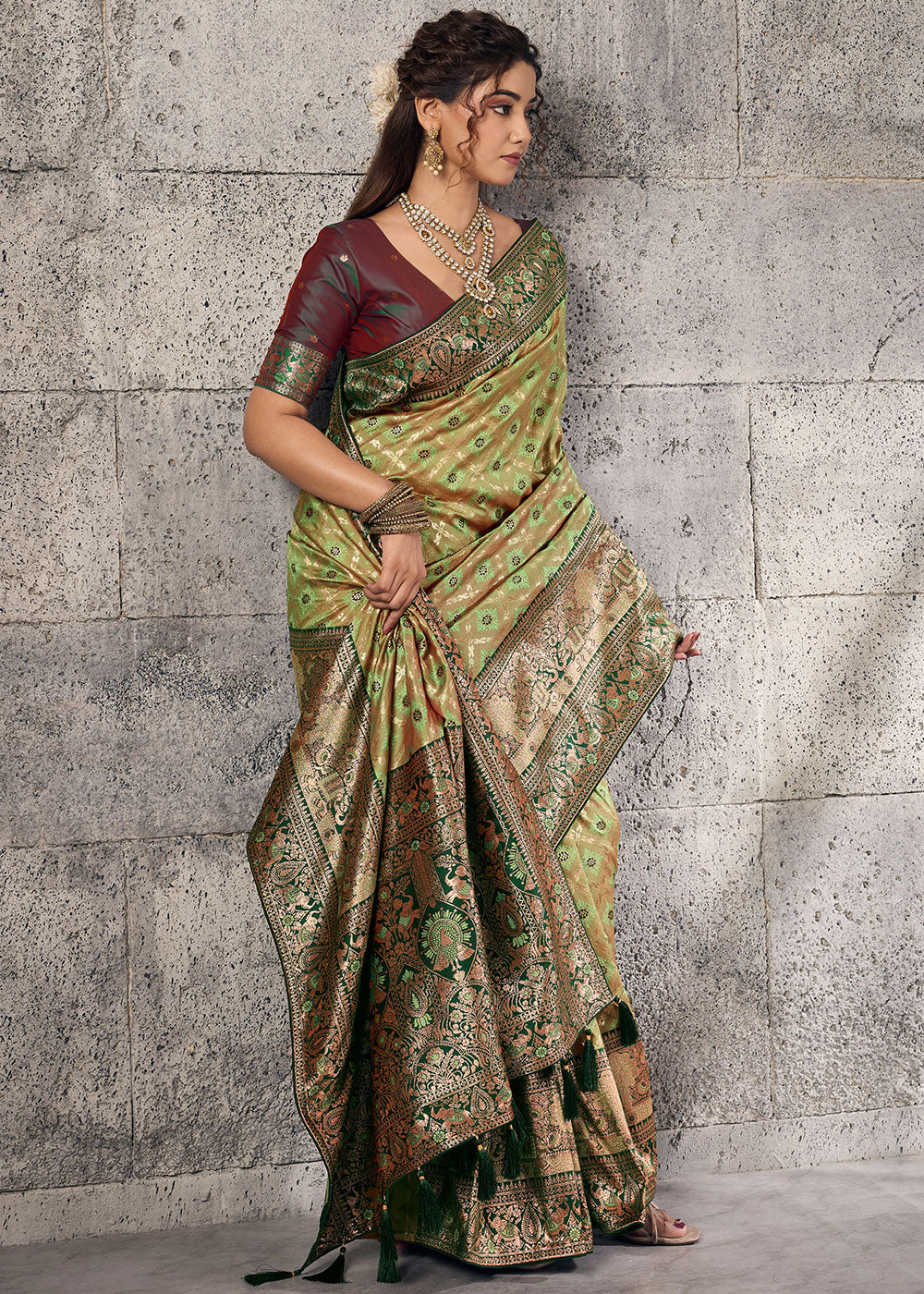 Olive Green Banarasi Silk Saree with Meenakari &amp; Dual Zari Weave