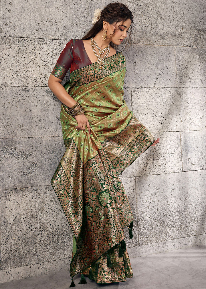 Olive Green Banarasi Silk Saree with Meenakari &amp; Dual Zari Weave