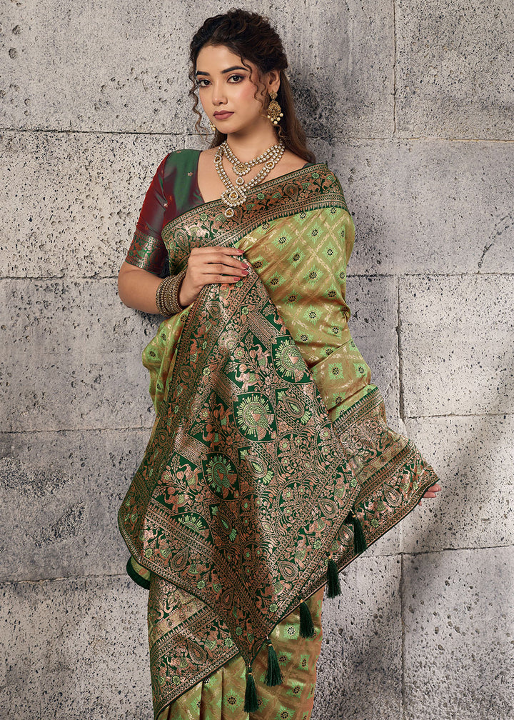 Olive Green Banarasi Silk Saree with Meenakari &amp; Dual Zari Weave