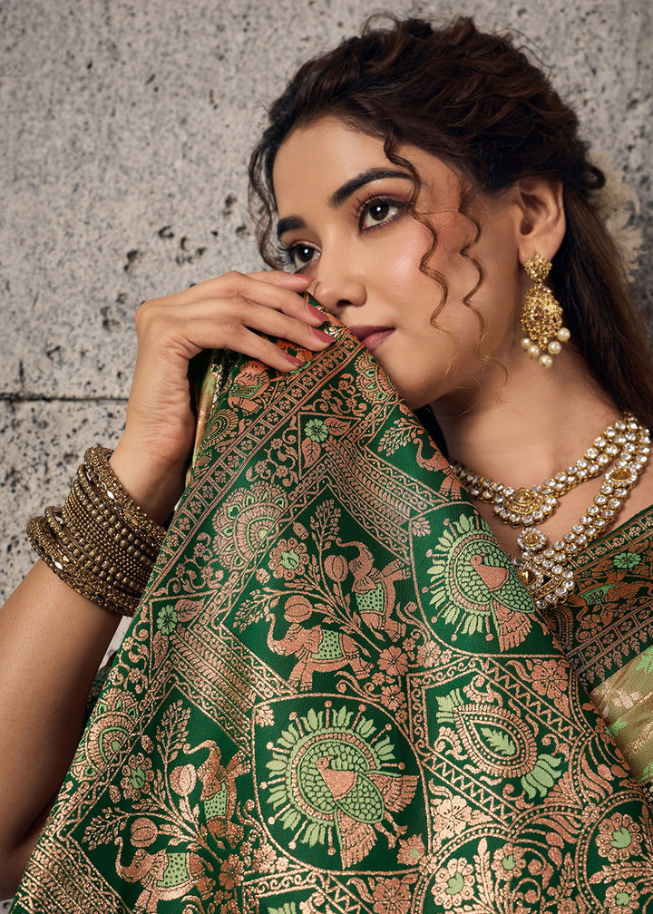 Olive Green Banarasi Silk Saree with Meenakari &amp; Dual Zari Weave