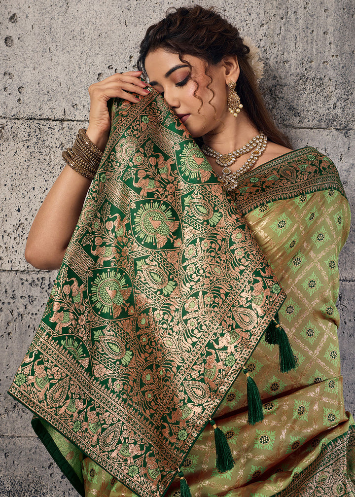 Olive Green Banarasi Silk Saree with Meenakari &amp; Dual Zari Weave