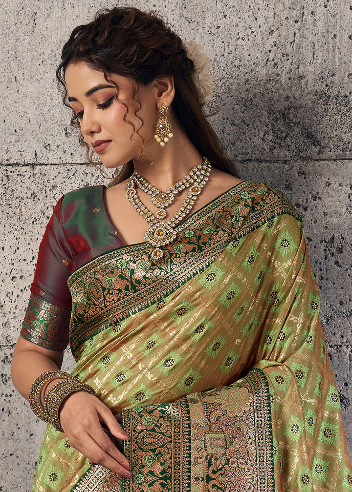 Olive Green Banarasi Silk Saree with Meenakari &amp; Dual Zari Weave