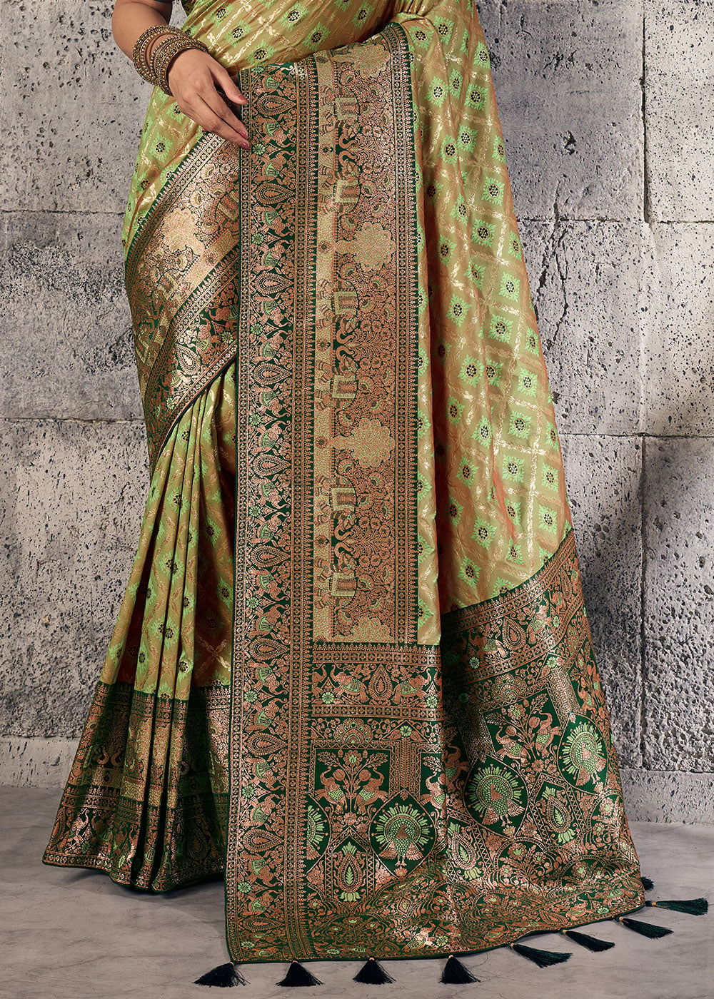 Olive Green Banarasi Silk Saree with Meenakari &amp; Dual Zari Weave