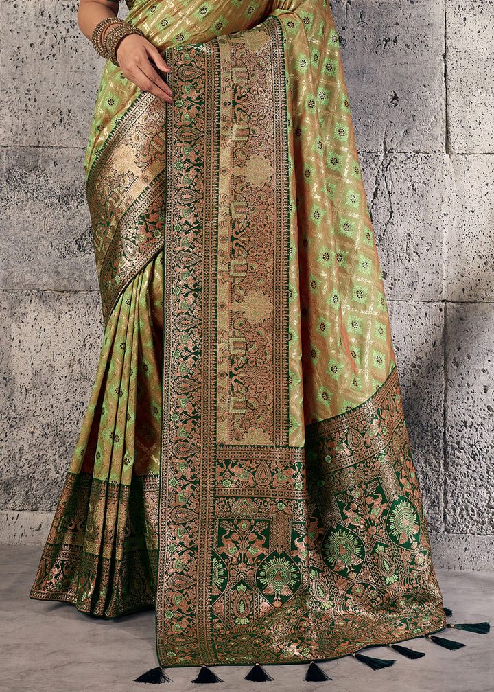 Olive Green Banarasi Silk Saree with Meenakari &amp; Dual Zari Weave