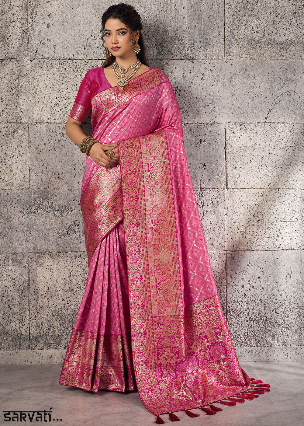 Bubblegum Pink Banarasi Silk Saree with Meenakari &amp; Dual Zari Weave