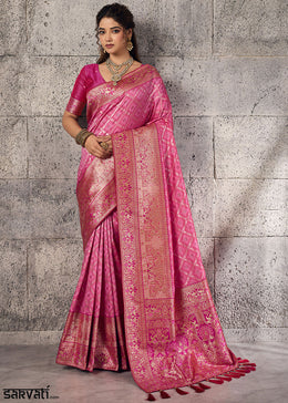 Bubblegum Pink Banarasi Silk Saree with Meenakari & Dual Zari Weave