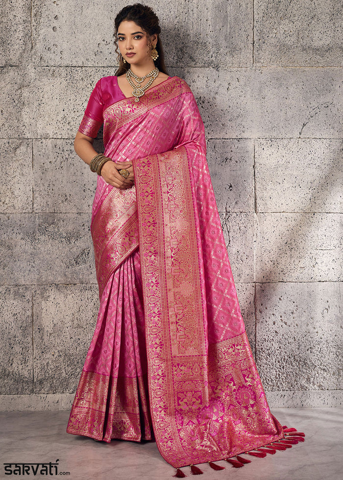 Bubblegum Pink Banarasi Silk Saree with Meenakari & Dual Zari Weave