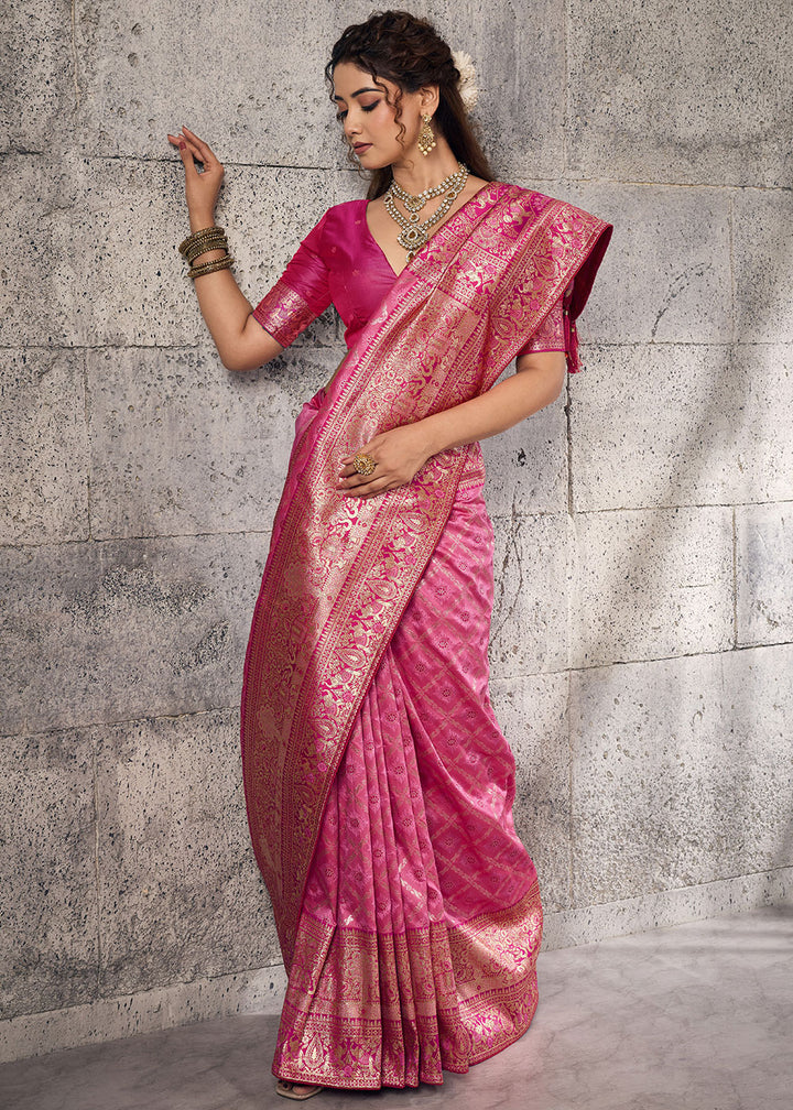 Bubblegum Pink Banarasi Silk Saree with Meenakari &amp; Dual Zari Weave