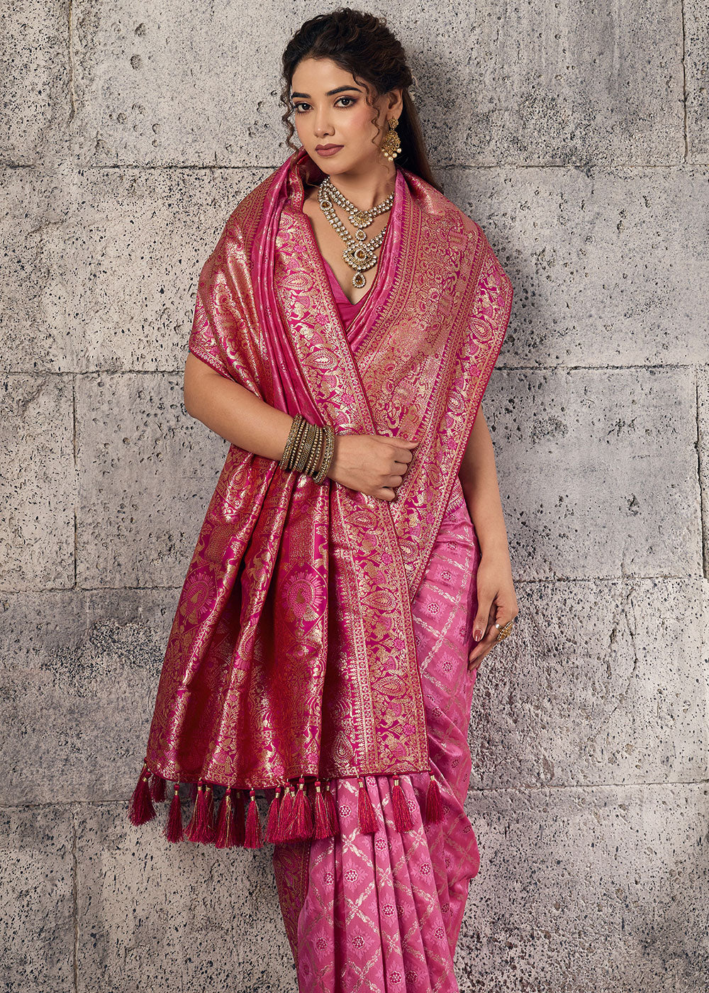 Bubblegum Pink Banarasi Silk Saree with Meenakari &amp; Dual Zari Weave