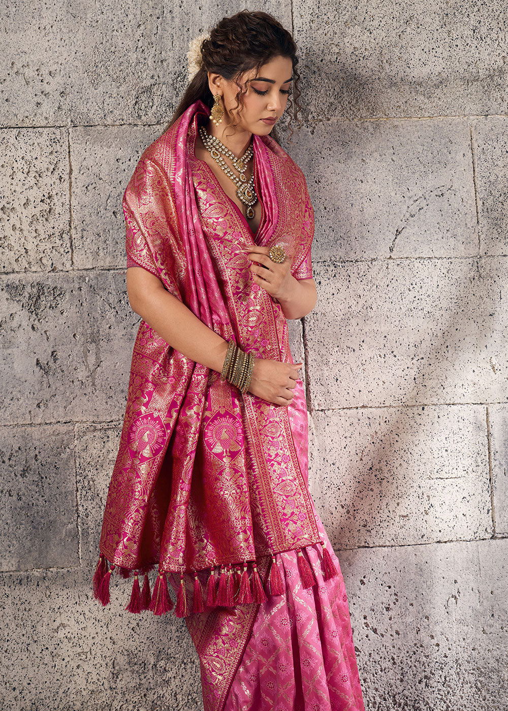 Bubblegum Pink Banarasi Silk Saree with Meenakari &amp; Dual Zari Weave