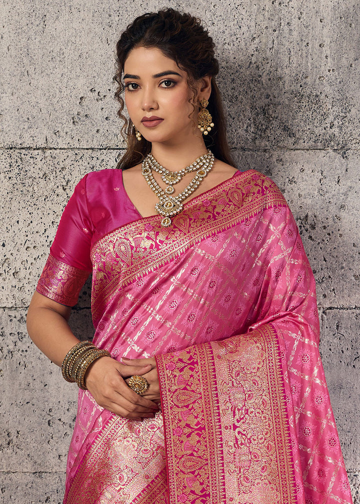 Bubblegum Pink Banarasi Silk Saree with Meenakari &amp; Dual Zari Weave