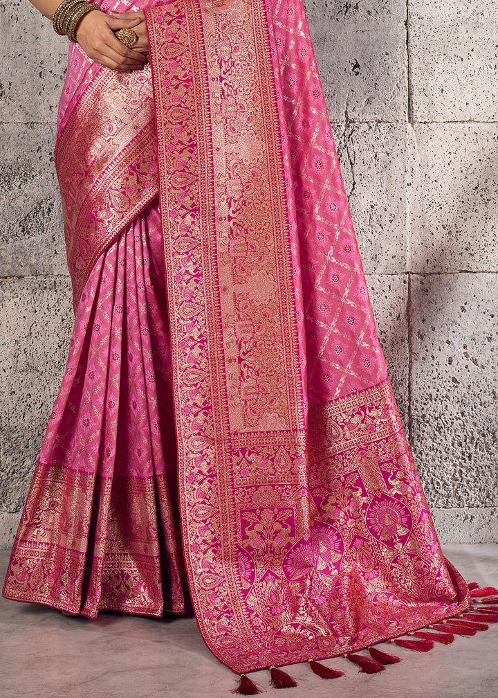 Bubblegum Pink Banarasi Silk Saree with Meenakari &amp; Dual Zari Weave