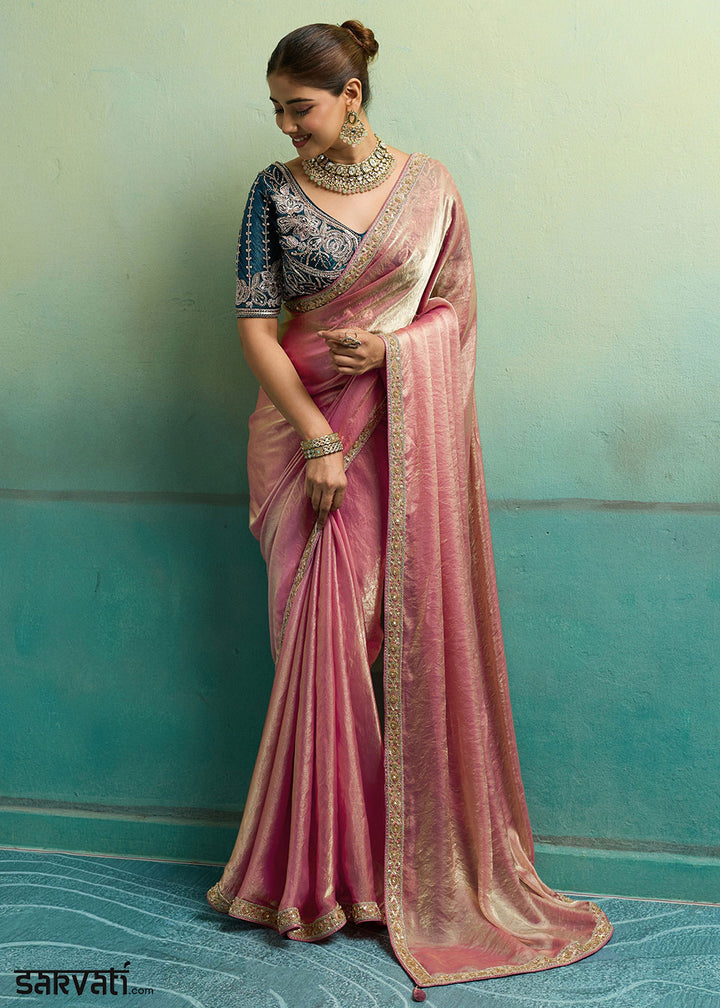 Coral Pink Velvet Satin Saree with Minimal Stone-Embellished Border