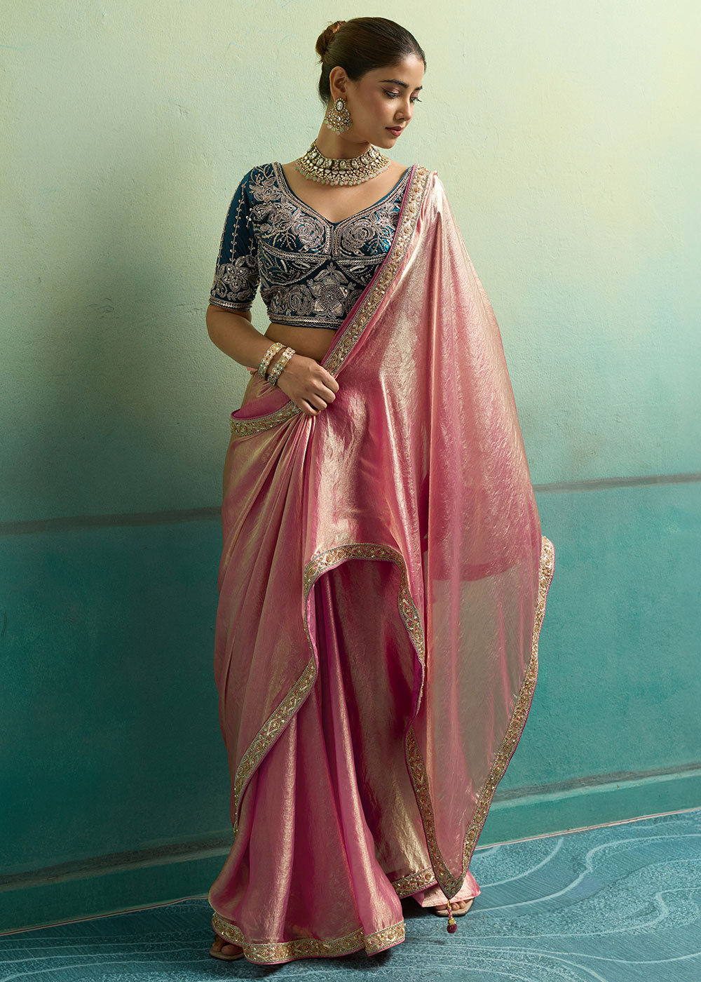 Coral Pink Velvet Satin Saree with Minimal Stone-Embellished Border