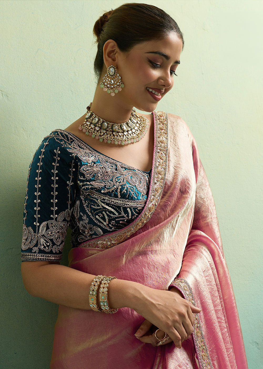 Coral Pink Velvet Satin Saree with Minimal Stone-Embellished Border