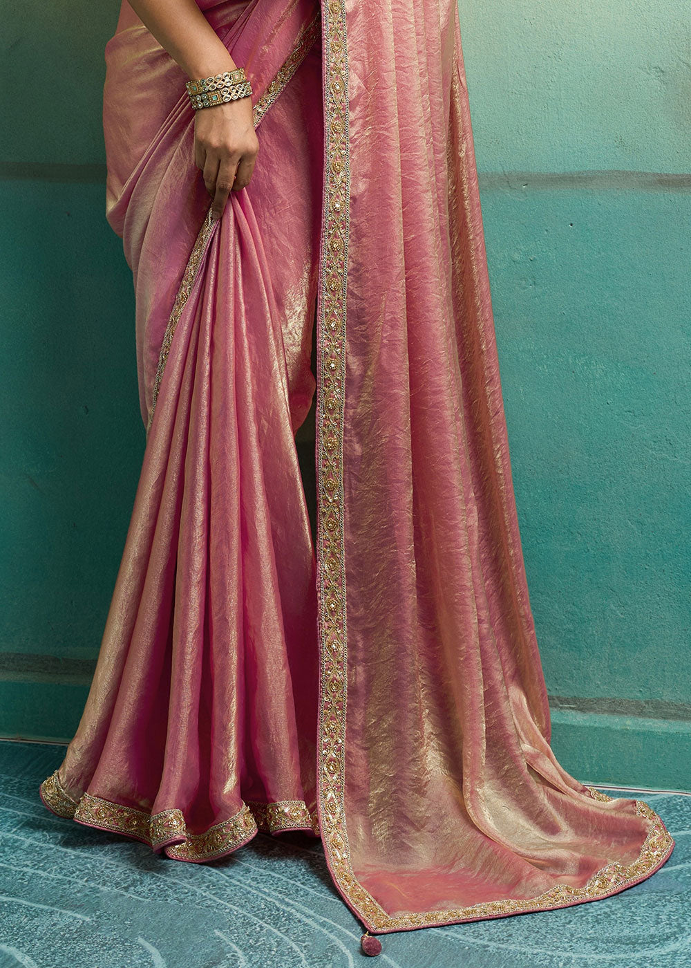 Coral Pink Velvet Satin Saree with Minimal Stone-Embellished Border