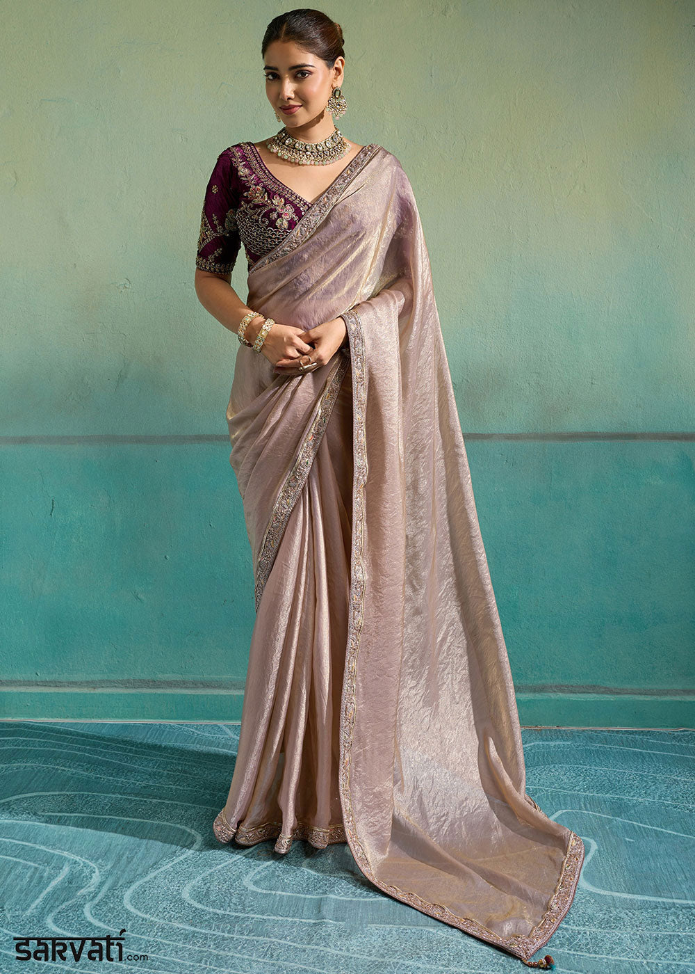 Taupe Brown Velvet Satin Saree with Minimal Stone-Embellished Border